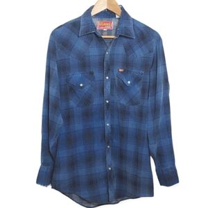 Ely Plains Men's Size Medium Shirt Western Plaid Blue Pearl Snap Distressed